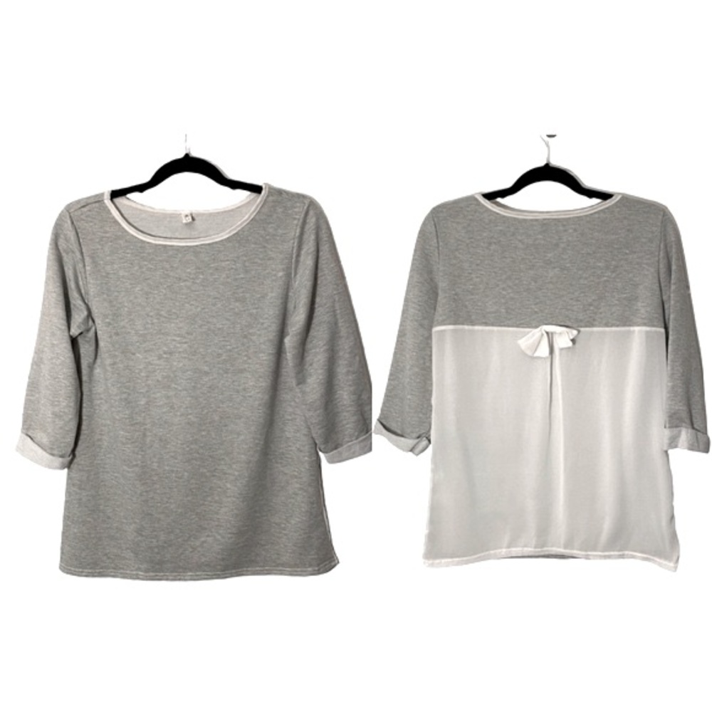 Grey Crewneck Top Size Medium Grey White Sheer Back Mixed Fabric Simi Classic